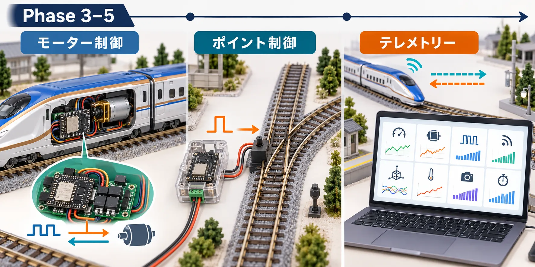 モーター制御、ポイント制御、テレメトリーを段階的に実装する